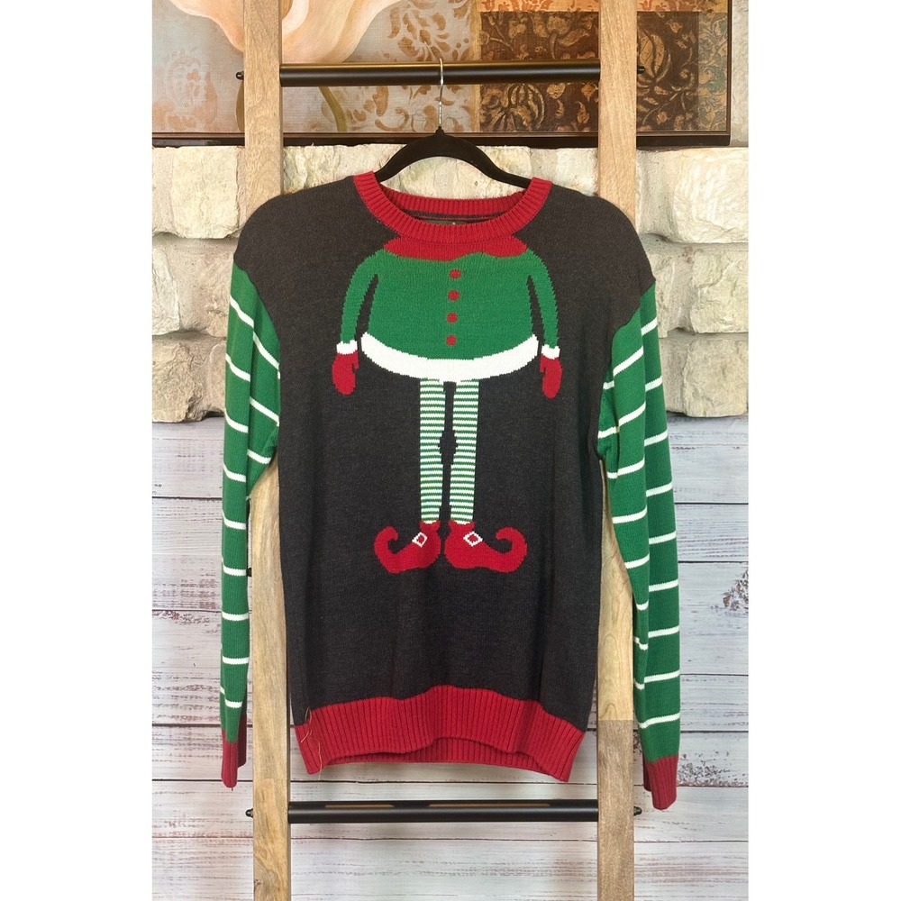 Ugly Christmas Sweater Elf Body Graphic Striped Sleeve Knit Size Large - Picture 3 of 8